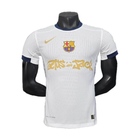 Camisa Barcelona TRAVIS SCOTT 25/26 - Jogador Masculina Branca e Dourada