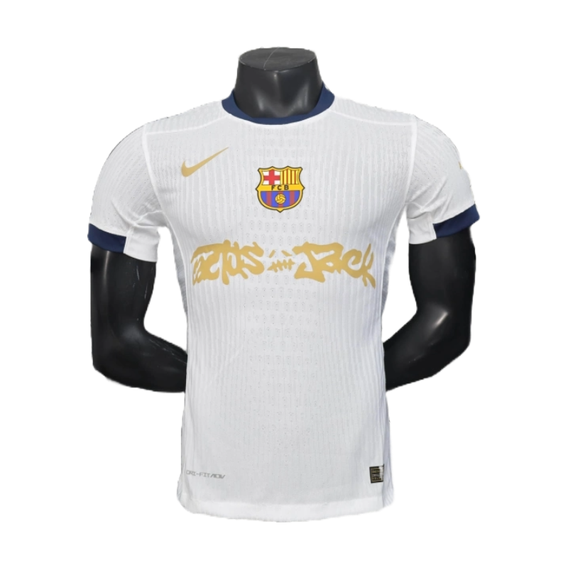 Camisa Barcelona TRAVIS SCOTT 25/26 - Jogador Masculina Branca e Dourada