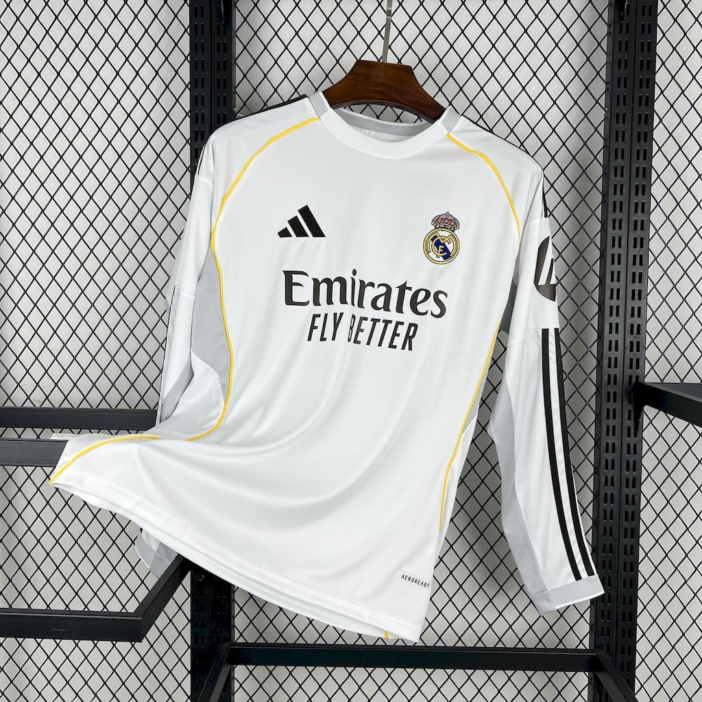 Camisa Real Madrid Home 25/26 - Torcedor Masculina Manga Longa Branca