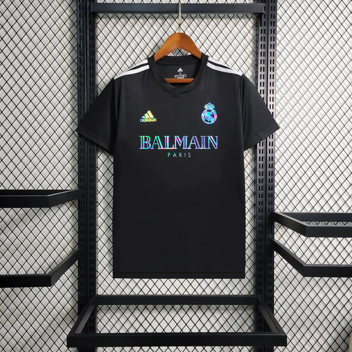 Camisa Real Madrid BALMAIN 23/24 - Torcedor Masculina Refletiva Preta - Netmantos